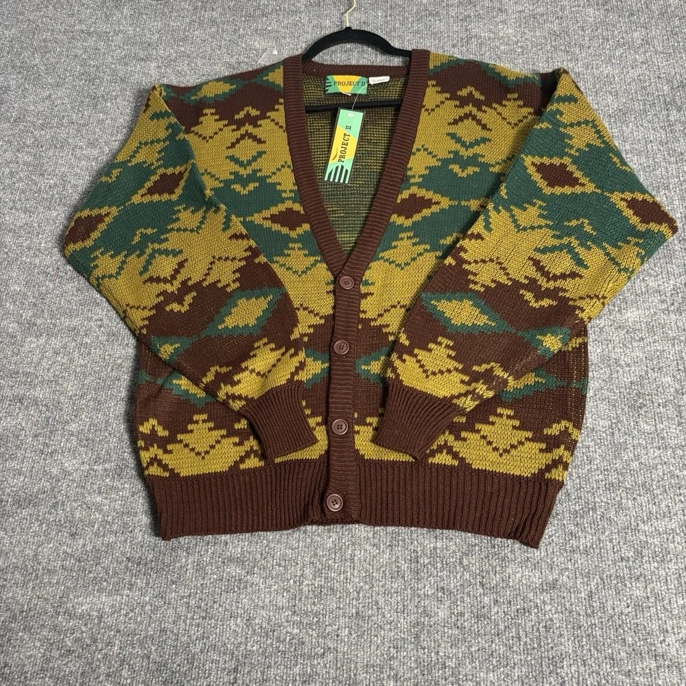 Vintage Project‎ II Sweater Mens Medium Brown Cardigan Aztec Geometric Knit 90s